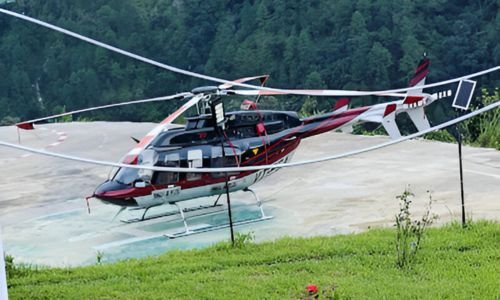 Beautiful helicopter parked at the Phata helipad, ready for the Kedarnath helicopter journey.